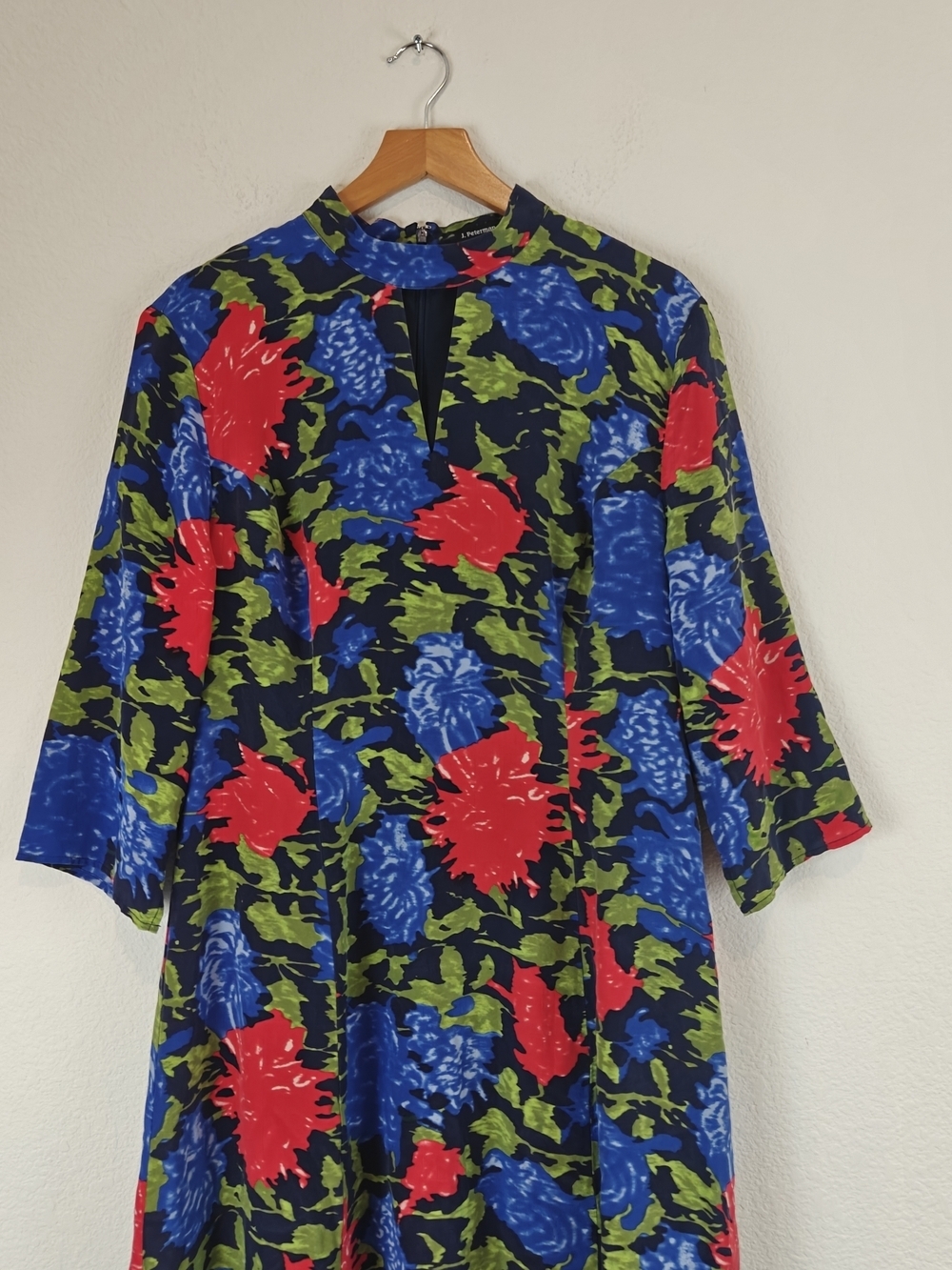 J. Peterman Silk Midi Dress Bold Floral Keyhole Neck 3/4 Sleeve Sz 16 Statement - Picture 4 of 15
